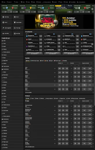 Schermata della piattaforma di scommesse sportive con quote live e pre-partita su calcio, tennis e basket